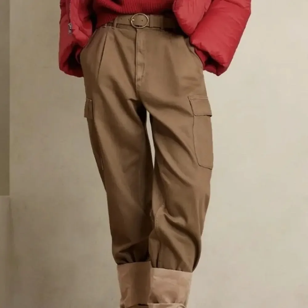 Banana Republic Khaki Cargo Pants 100% Cotton High Waisted Baggy Safari Chic